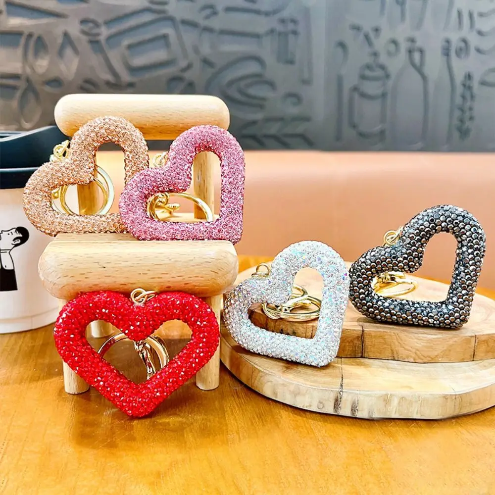 

Inlaid Heart Full Diamond Love Keychain Full Diamond Leather Rope Water Diamond Key Pendant Love Hollow