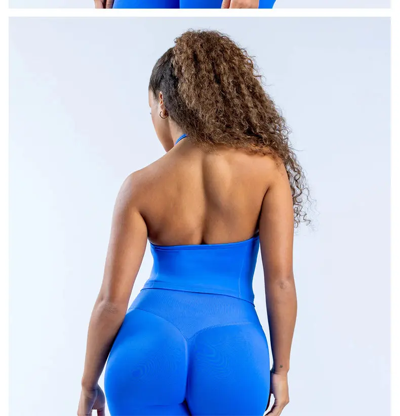 Langes, trägerloses, nahtloses Yoga-Tanktop mit gerafftem Rücken, ärmelloses Fitness-Workout-Shirt mit integriertem BH für Damen – Detail 3
