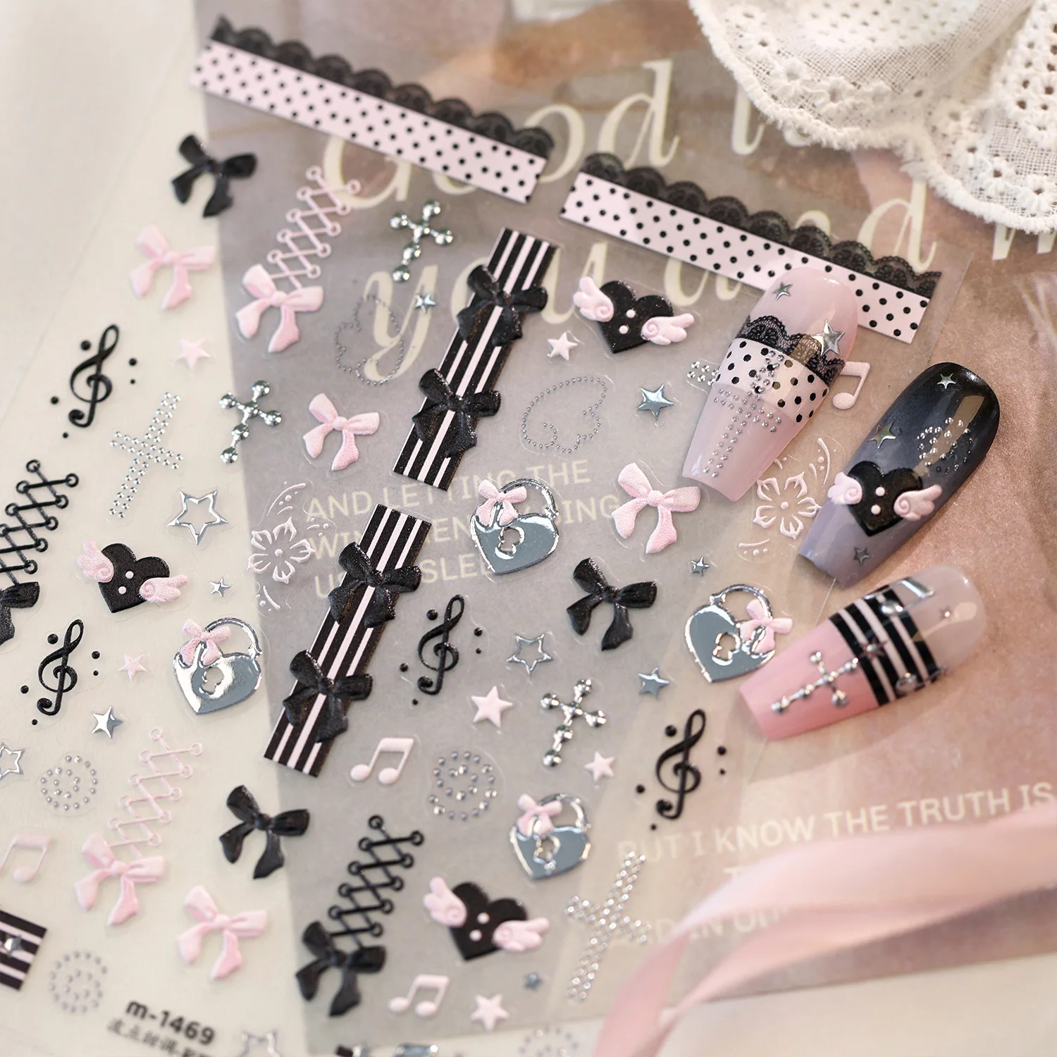 Cool Metal Nail Sticker Pink Black Bow Music Note Love Lace Striped 3D Self Adhesive Manicure Decals Cute Nail Art DIY Decor DIY