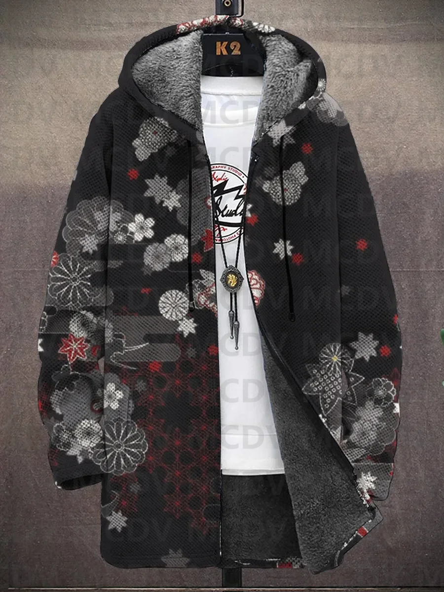 Men's Japanese Style Dragon Pattern Hooded Two-Pocket Fleece Cardigan Jacket