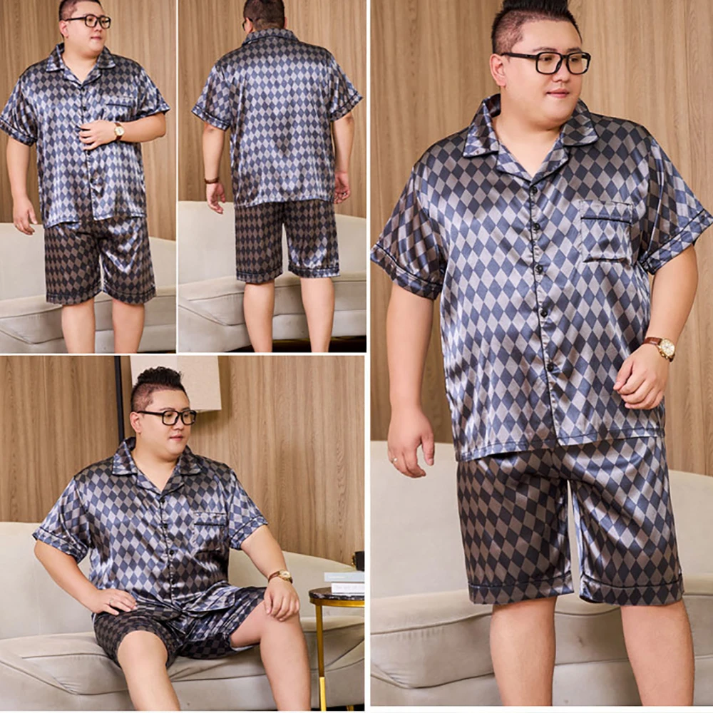 3XL-5XL For 165kg Big Size Men\'s Pajamas Summer Ice Silk Thin Breathable Male Sleepwear Casual Plaid Pajama Sets Pijama Hombre