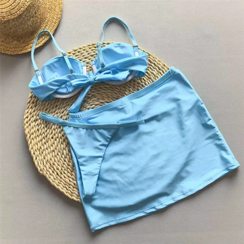 Light Blue Micro Bikini Thong Pushup Sexy Swimsuit Cover Ups Women Sun Metal Buckle Swimwear Bathing Suit Bikinis Sets 2025 New