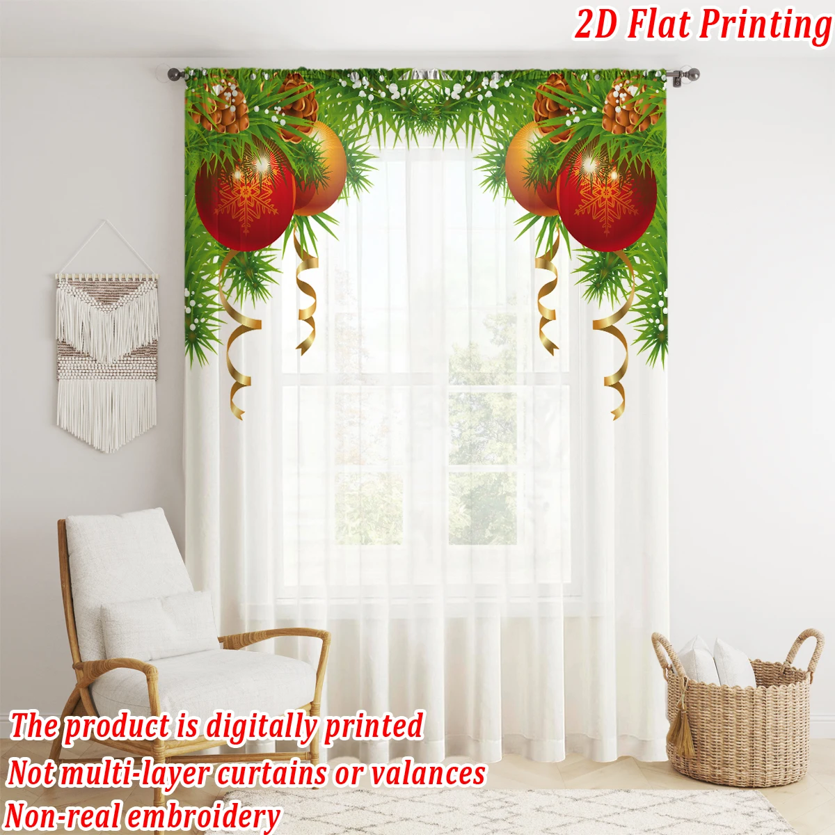 ستارة شفافة مطبوعة مسطحة لعيد الميلاد مع شريط فرع كرة الصنوبر لعيد الميلاد لغرفة المعيشة وغرفة النوم وحفلات العطلات #2