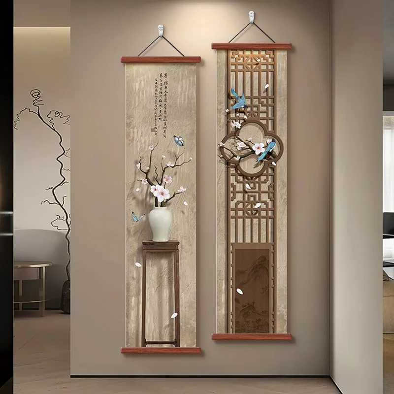 

Chinese Zen Dry Landscape Rosewood Scroll Wall Art, Retro Wall Decor for study Entryway Hallway End Tea Room Hanging Painting