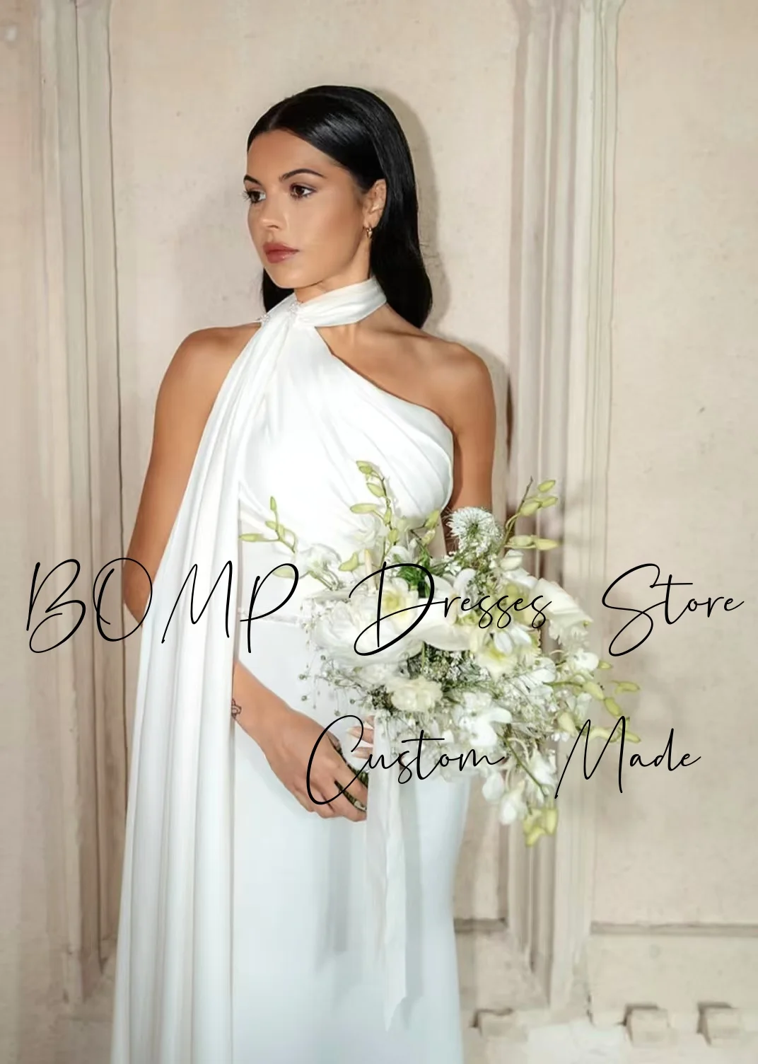 BOMP Elegante abito da sera bianco Sciarpa con scollo all'americana Sirena drappeggiato con strascico in raso Occasioni formali Abito da cerimonia nuziale personalizzato