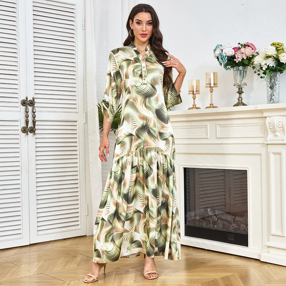 

Женский элегантный халат с тонкой талией и длинным принтом, антистатический бронзовый полиэстер, Абая на лето для арабского Дубая, Ближневостока