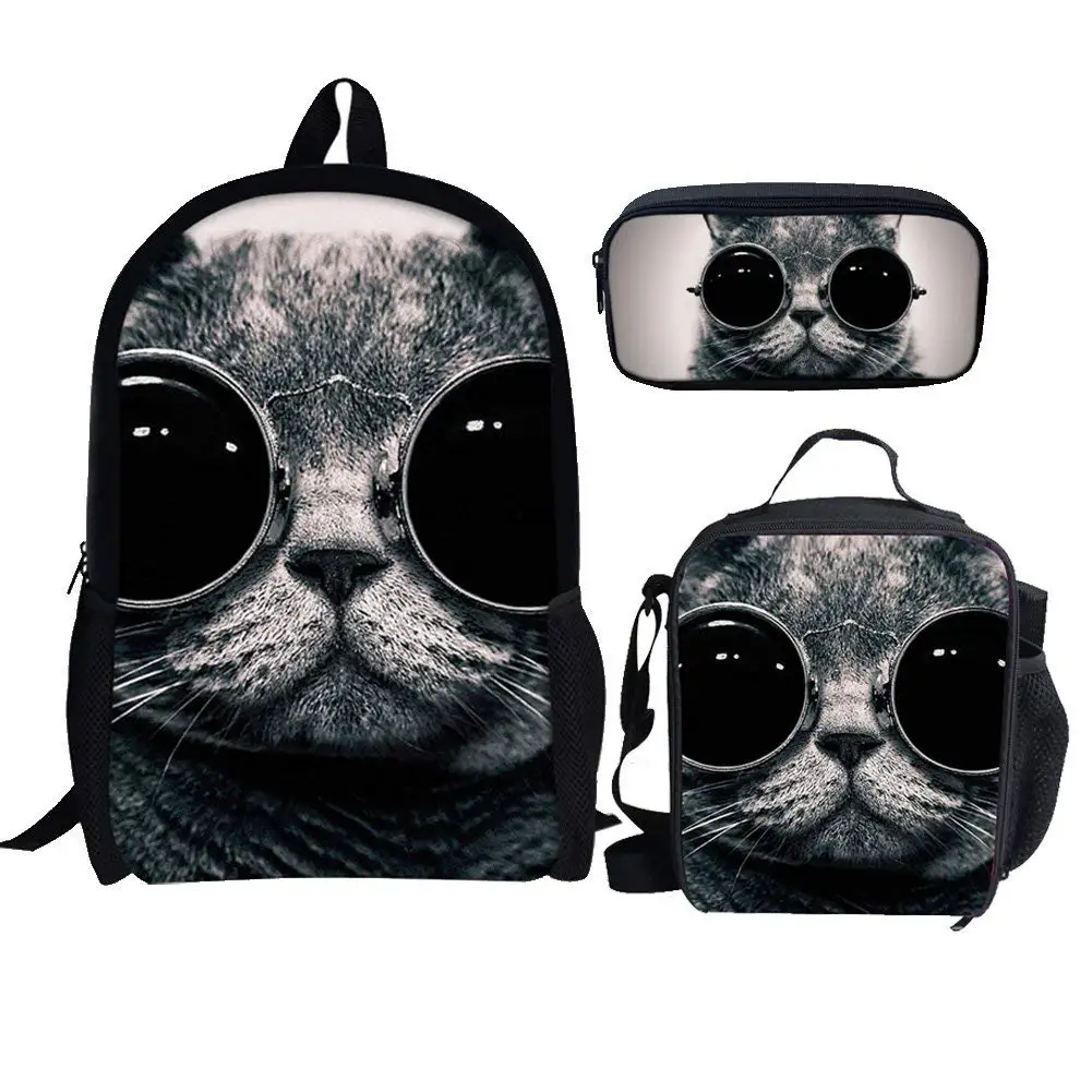 Black Cat Design 3Pcs School Bags Set for Teen Boy Girls Schoolbag Casual Backpack  Student Bookbag Large Capacity Backpack