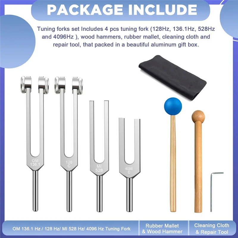 

A89E-Tuning Fork Set(4Pcs) 128Hz,136.1Hz 528Hz,4096Hz With Reflex Hammers Silicone Bases For Chakra For Healing Sound Therapy