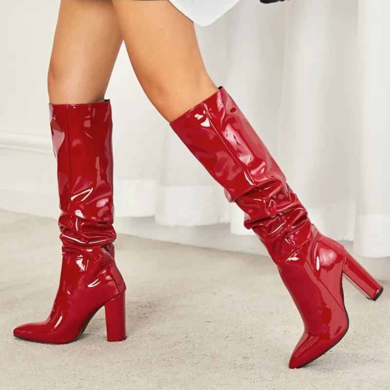 

Patent Leather Pleated Tall Boots Fashion Pointed Toe Sleeve Soft Sole Non-Slip Wear-Resistant Block Heel Single Shoes
