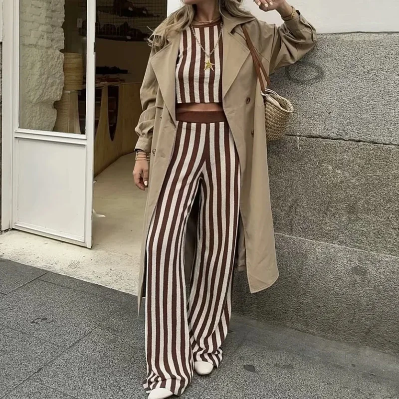 TRAF Striped Knitted Pants For Women High Waist Sweater Pants Fashion Summer Wide Fluid Pants Woman Streetwear Full Trousers