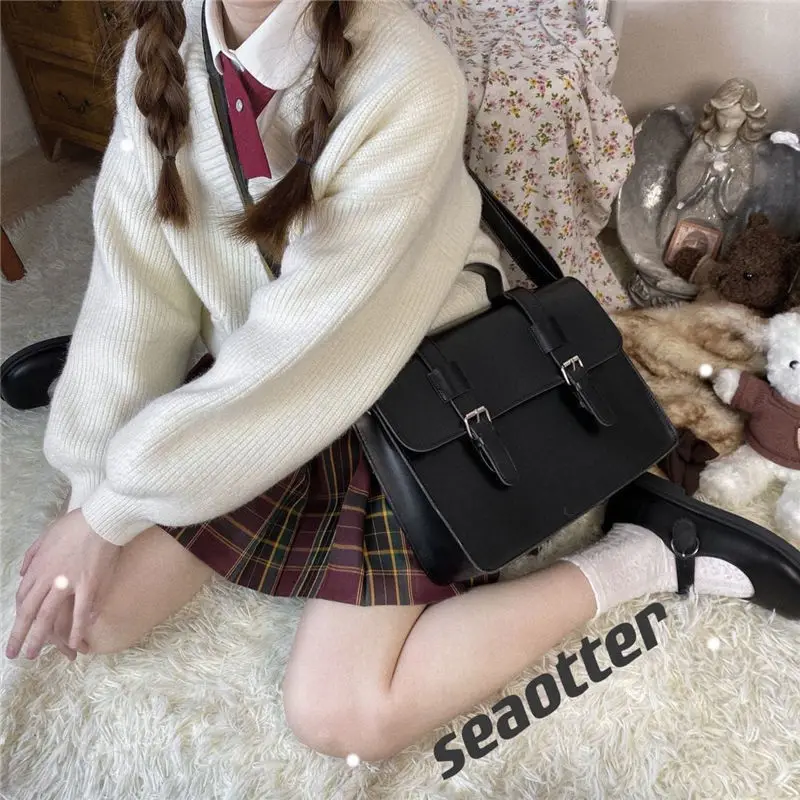 Japanese JK Uniform Students Backpacks Schoolbag Black Vintage PU Shoulder Crossbody Bag Handbag for Female Messenger Tote Bag