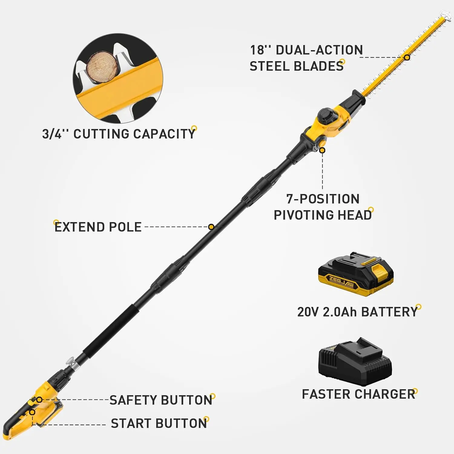 

Pole Hedge Trimmer Cordless, 9-Feet Reach Power Hedge Trimmer with Extension Pole, MAX 20-inch, Multi-Angle