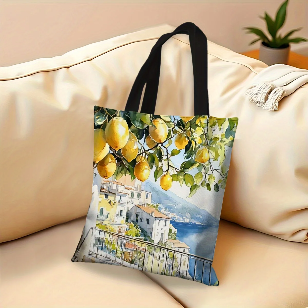 Canvas Crossbody Bag Canvas Bags For Woman 1pc Vibrant Lemon Tree & Coastal Town Tote Bag Stylish Shoulder Bag for Shopping &