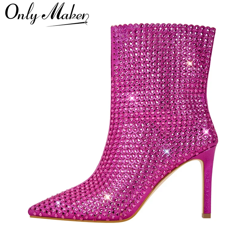 Onlymaker Women Rhinestone  Fuchsia Ankel Boots Thin High Heel Side Zipper Fashion Rose Red  Female Booties