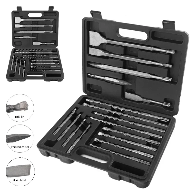 17pcs Rotary Hammer Drill Bit Chisel Set  for Concrete Wall Masonry Demolition Cross Head Flat Spade Tools Kit