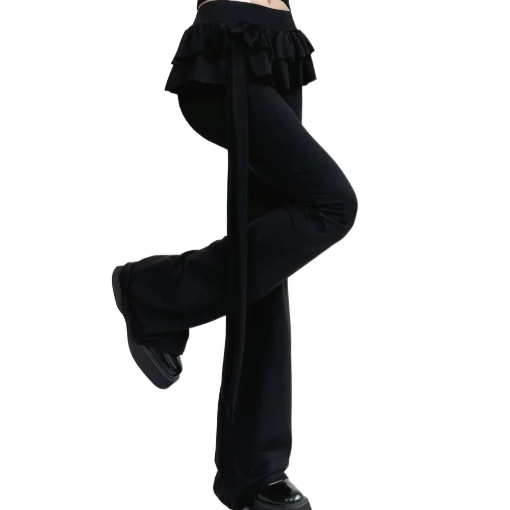 스위트 아이스 실크 앞치마 스커트 플레어 팬츠 Y2K 로우 웨이스트 캐주얼 팬츠 여성용 시크 슬림핏 벨보텀 트라우저