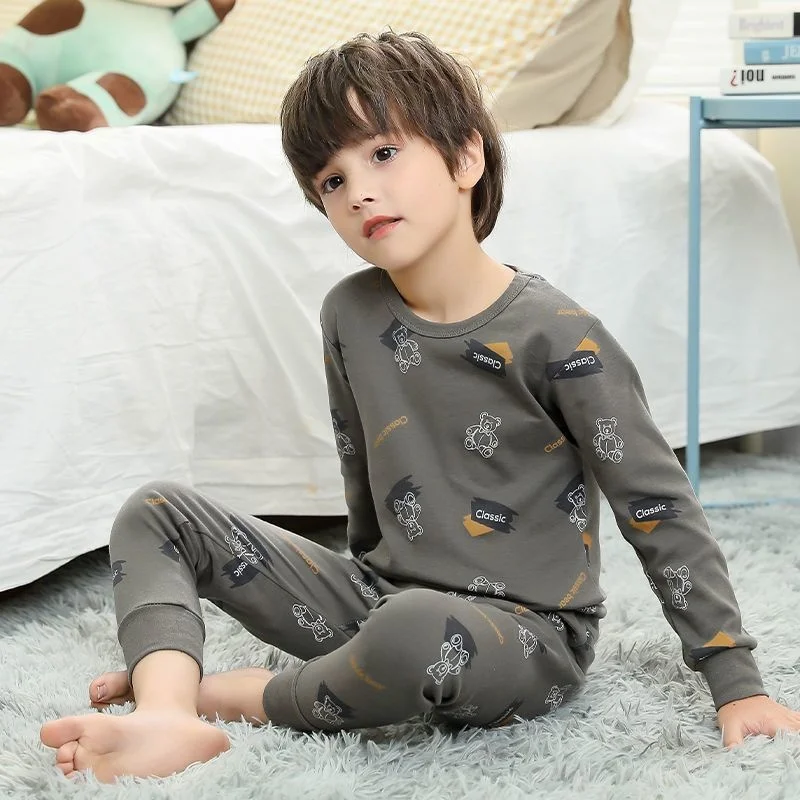 Children's Set 2 Pack Long Johns Print Round Collar Boys Spring and Autumn 100% Cotton Underwear Pajamas Long-sleeved Trousers