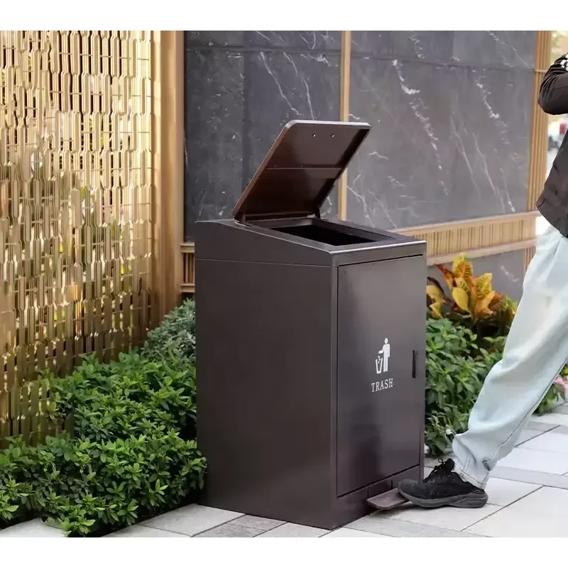 80L Stainless Steel Foot Pedal Trash Can Square Outdoor Garbage Bin with Reinforced Lid for Commercial Use Heavy Duty Waste