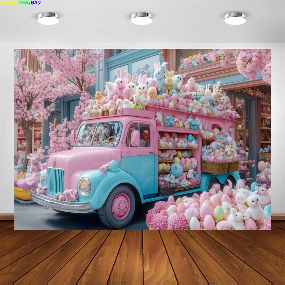 Spring Easter Bunny Truck Backdrop for Photography Rabbits Colorful Eggs Flower Baby Kids Portrait Photo Background Photo Studio