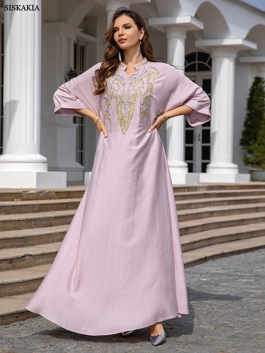 Siskakia Abayas Dresses For Moroccan Women Floral Embroidery Casual Long Dresses Three Quarter Sleeve Clothing Afrian Kebaya