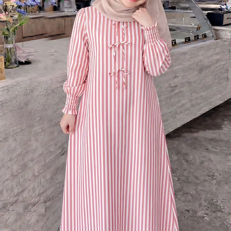 2026 ZANZEA Elegante Muslimische Abaya-Kleider für Damen, O-Ausschnitt, Langarm, Gestreiftes Sommerkleid, Lässiger Kaftan, Ramadan-Robe, Islamische Kleidung