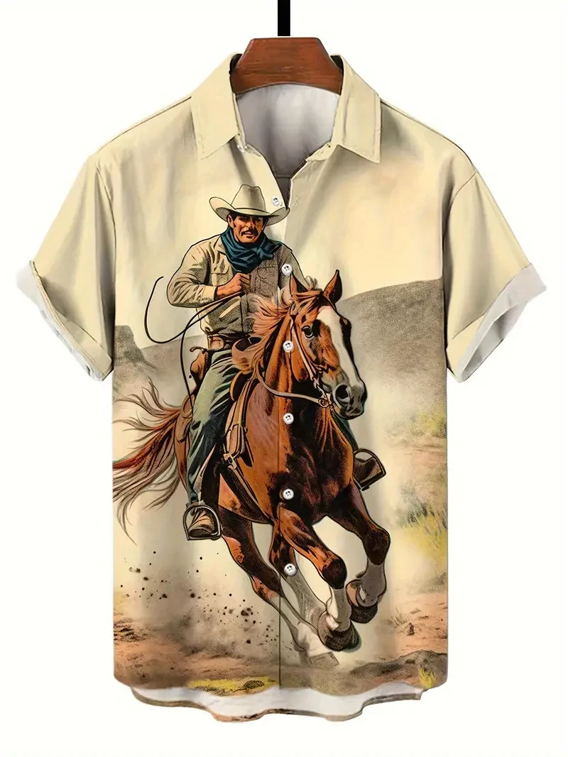 

Лето 2025 г., мужская рубашка, уличная повседневная рубашка с короткими рукавами, рубашка с животным узором и принтом лошади, новая модная винтажная мужская одежда