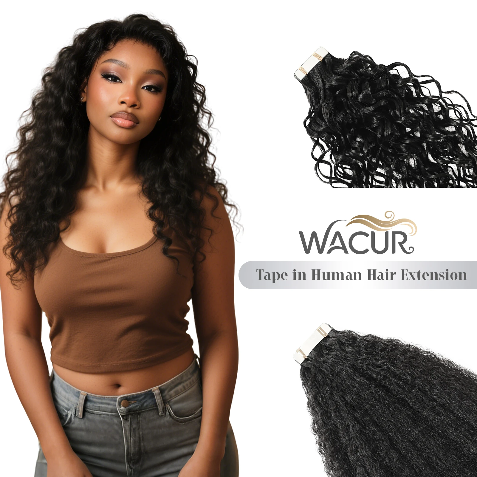 

Wacur Kinky Straight tape In Human Hair Water Tape Extensions 50g/pack 20pcs Natural Virgin Remy Hair,Natural Invisibility Women