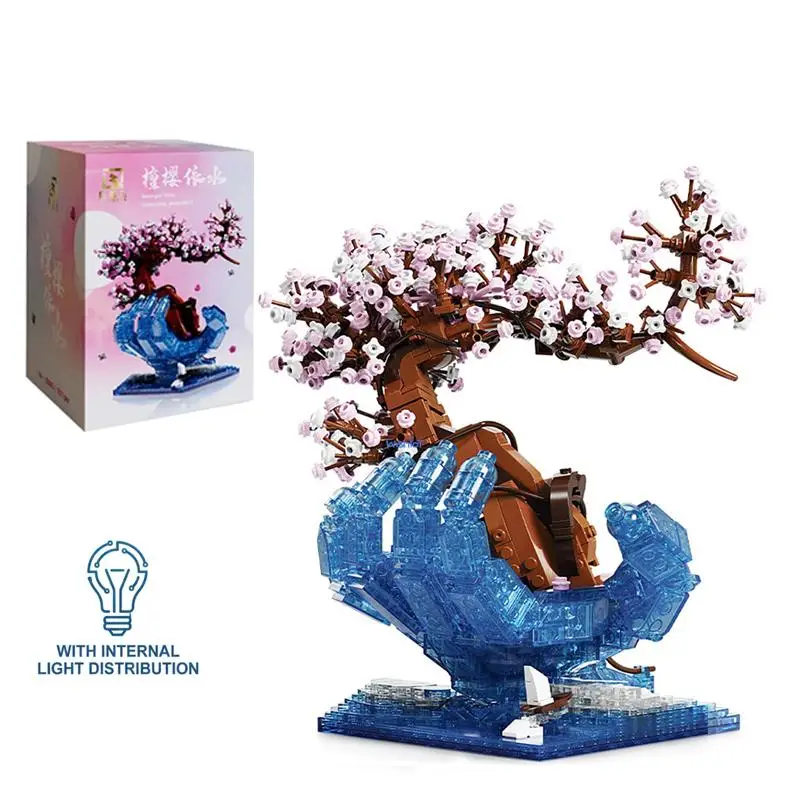 MOC Cherry Blossom Plant Pot with Lights Building Block Simulation Flowers DIY Decoration Gift toys for Girls kids Gifts Sakura