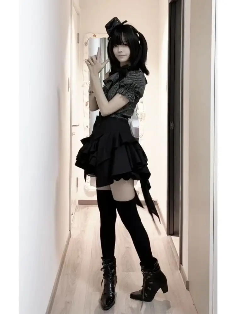 Japanese Gothic Lolita Subculture 3 Piece Set Women Summer Slim Fit Striped Bow Puff Sleeve Ruffle Blouse Layered Mini Skirt - view 5