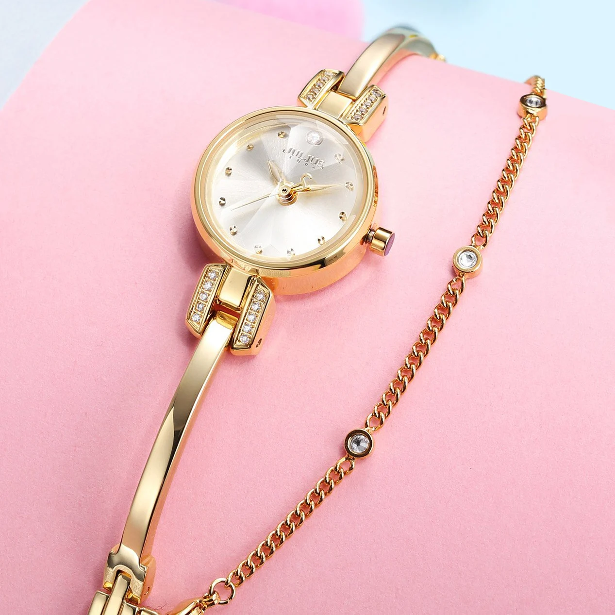 Small Women\'s Watch Japan Quartz Fashion Hours Bracelet Cutting Glass Rhinestone Birthday Girl\'s Gift Julius Box