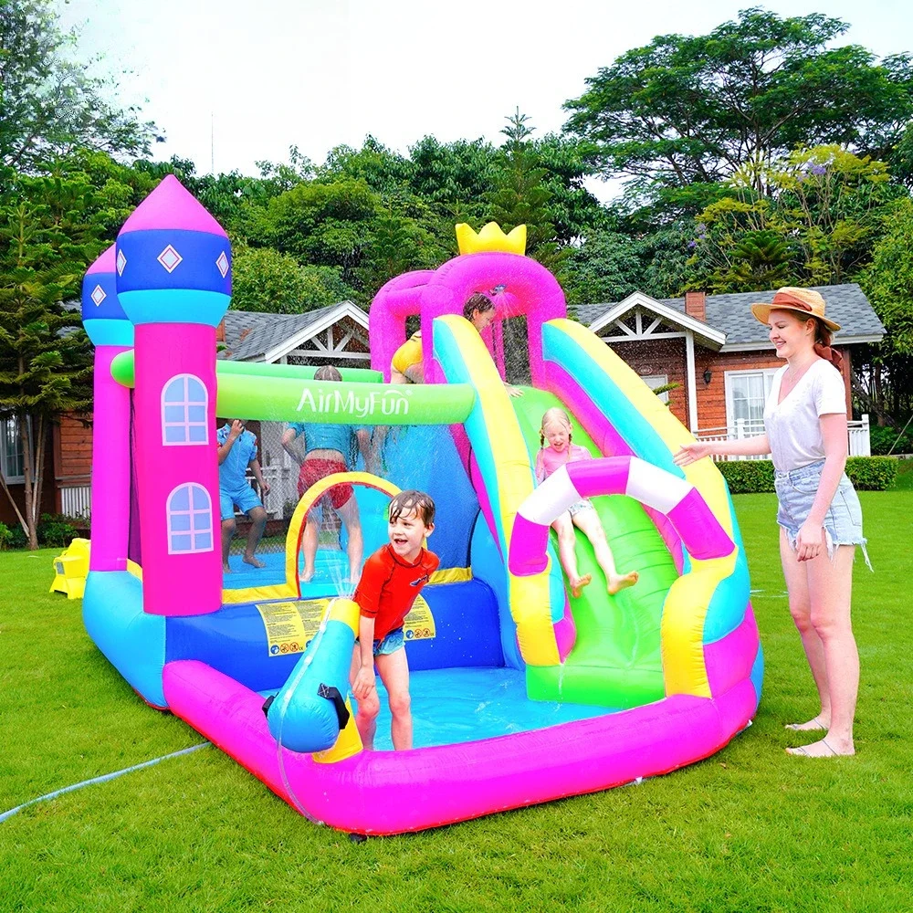 Indoor Outdoor Pink Inflatable Bouncy Castle with Slide Blower Water Pool Ball Pit Bounce House for Girls Kids 3-8 Years
