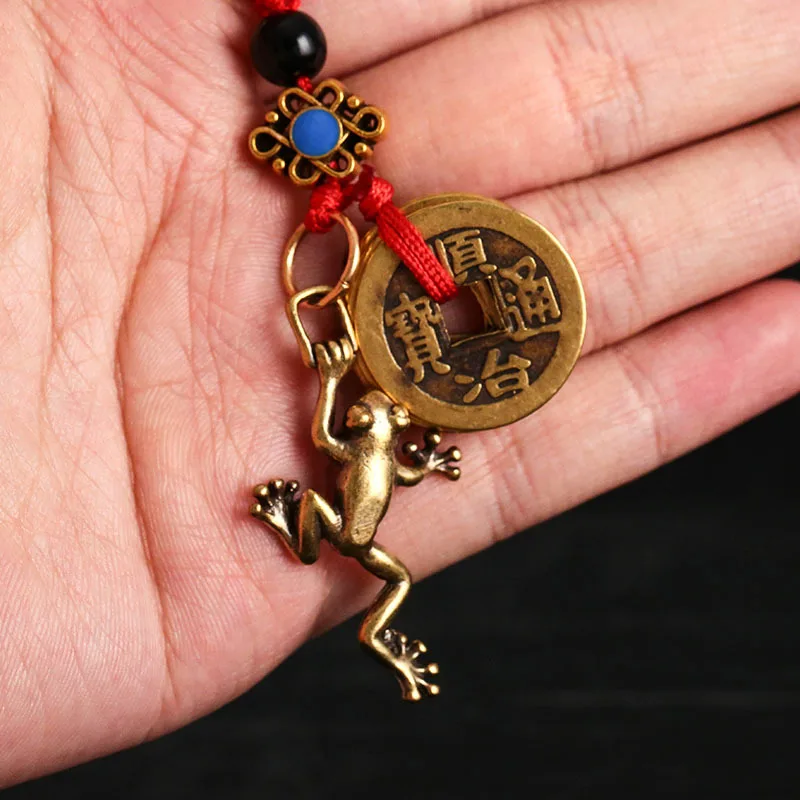 Vintage Brass Animal Frog Horse Keyring Lanyard Pendant Handmade Rope Chinese Five Emperor Coins Feng Shui Car Key Chain Hanging
