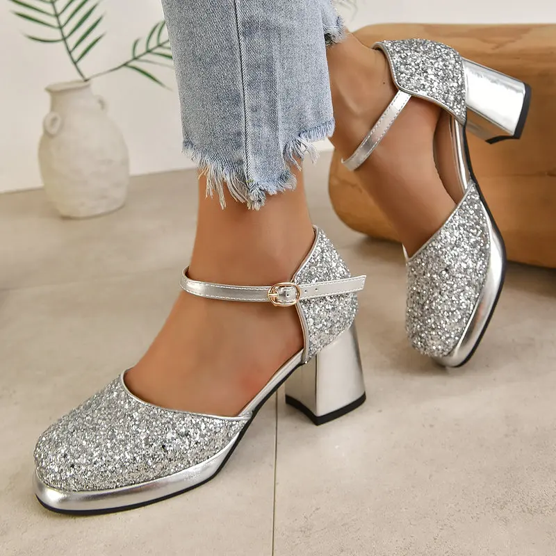 Golden Silver Glitter Bling Shiny Ladies Party Wedding Shoes Summer Mary Janes Square High Heels Big Size 46 47 48 Women Sandals