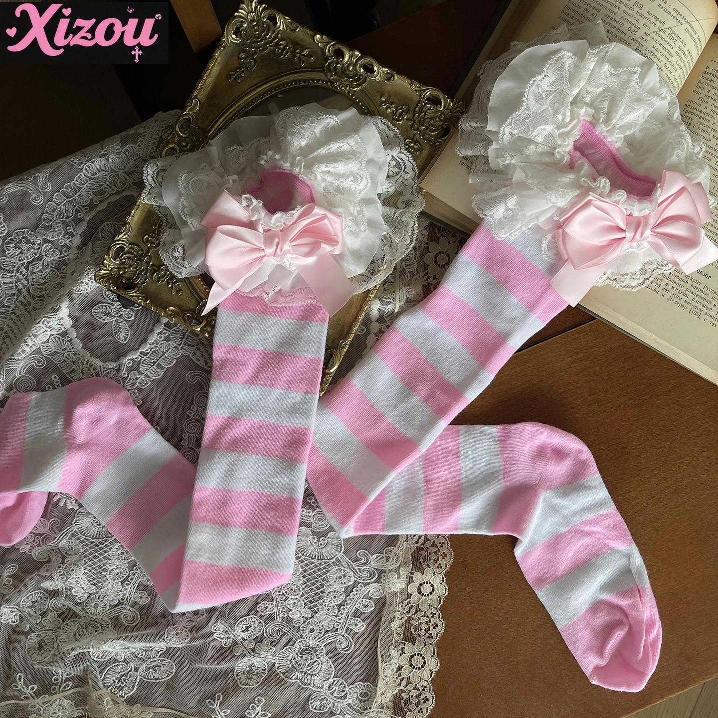 Sweetheart girl mix match stacked wear subculture y2k striped medium tube strap lace medium tube socks women lolita wear socks