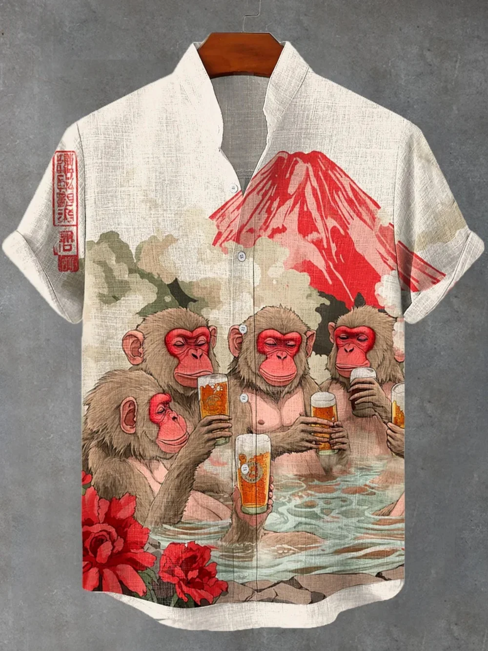 قميص ريترو راكون واريور مطبوع بأكمام قصيرة وياقة واقفة وأزرار لأعلى ملابس هاواي قابلة للتنفس للرجال