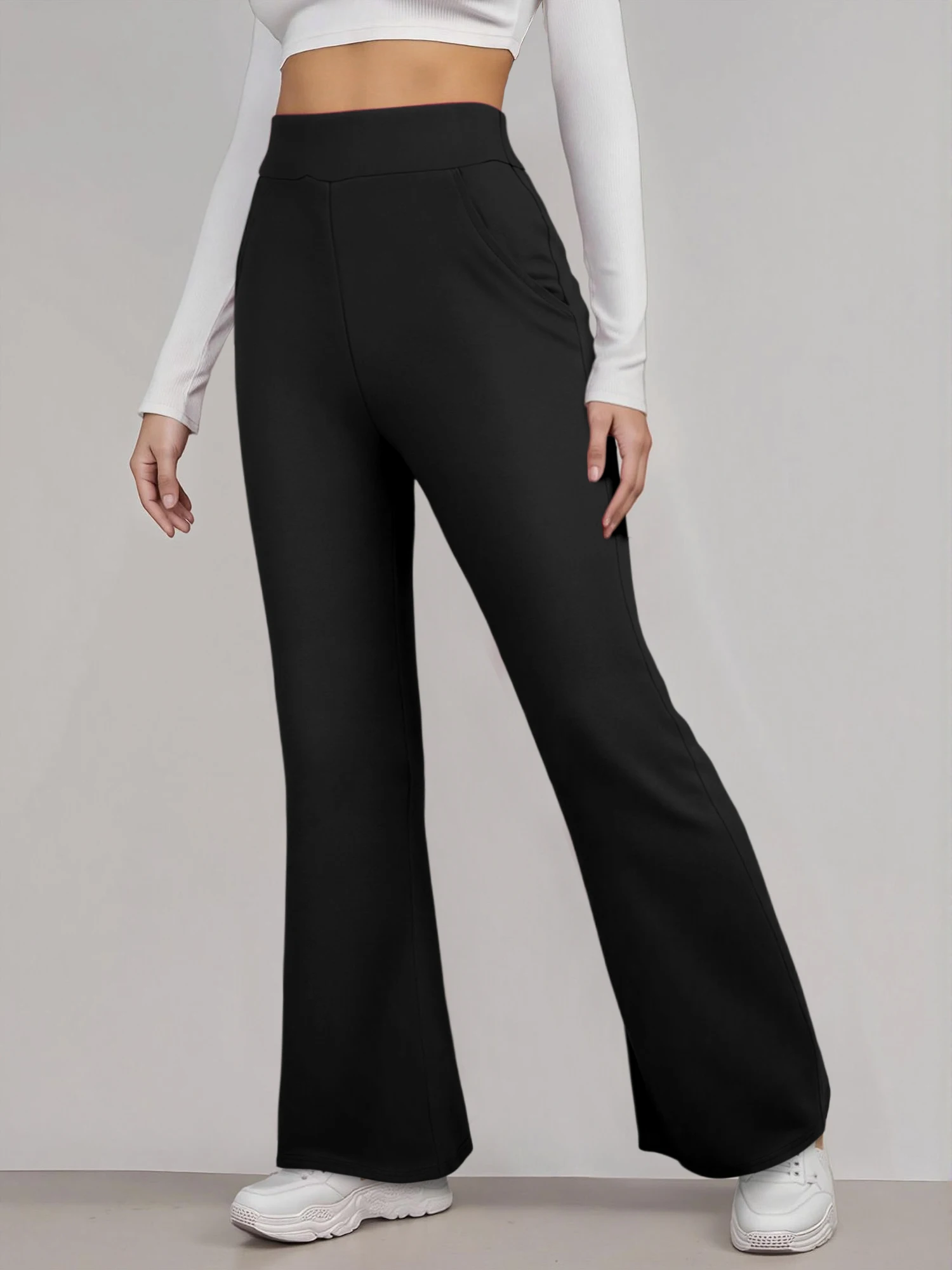 Women High Waist Flare Yoga Pants With Pockets Tummy Control Stretch Bell Bottom Gym Workout Casual Lounge Trousers