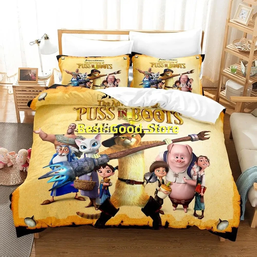 

Cat PUSS IN BOOTS Bedding Set Single Twin Full Queen King Size Bed Set Aldult Kid Bedroom Duvetcover Sets 3D Anime Bed Sheet Set