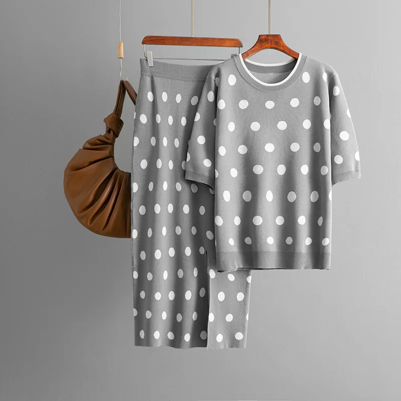 Polka Dot Design Knitted 2 Piece Sets Women O-neck Short Sleeve Pullover Tops Conjuntos Korean High Waist Skirts Knitwear Outfit
