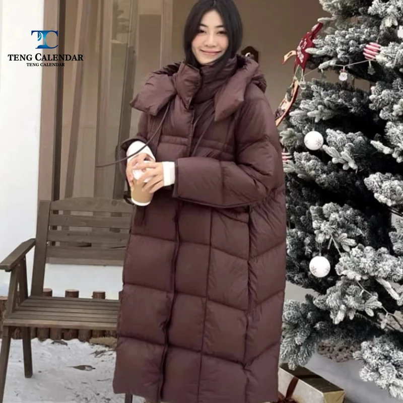 Puff ribbon duvet down jacket, medium length hooded thick Korean loose jacket, women's 2025 winter new style