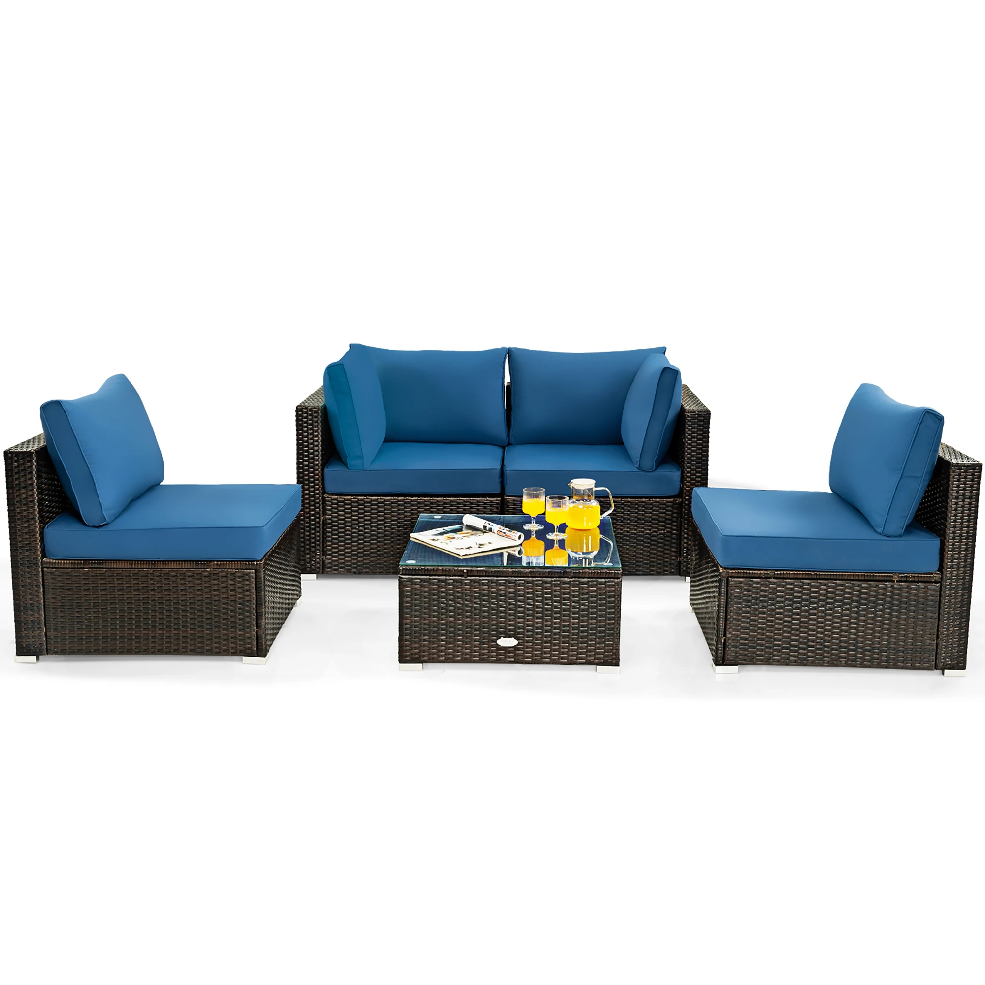 5PCS Patio Rattan Furniture Set Cushioned Sofa Chair Coffee Table Navy