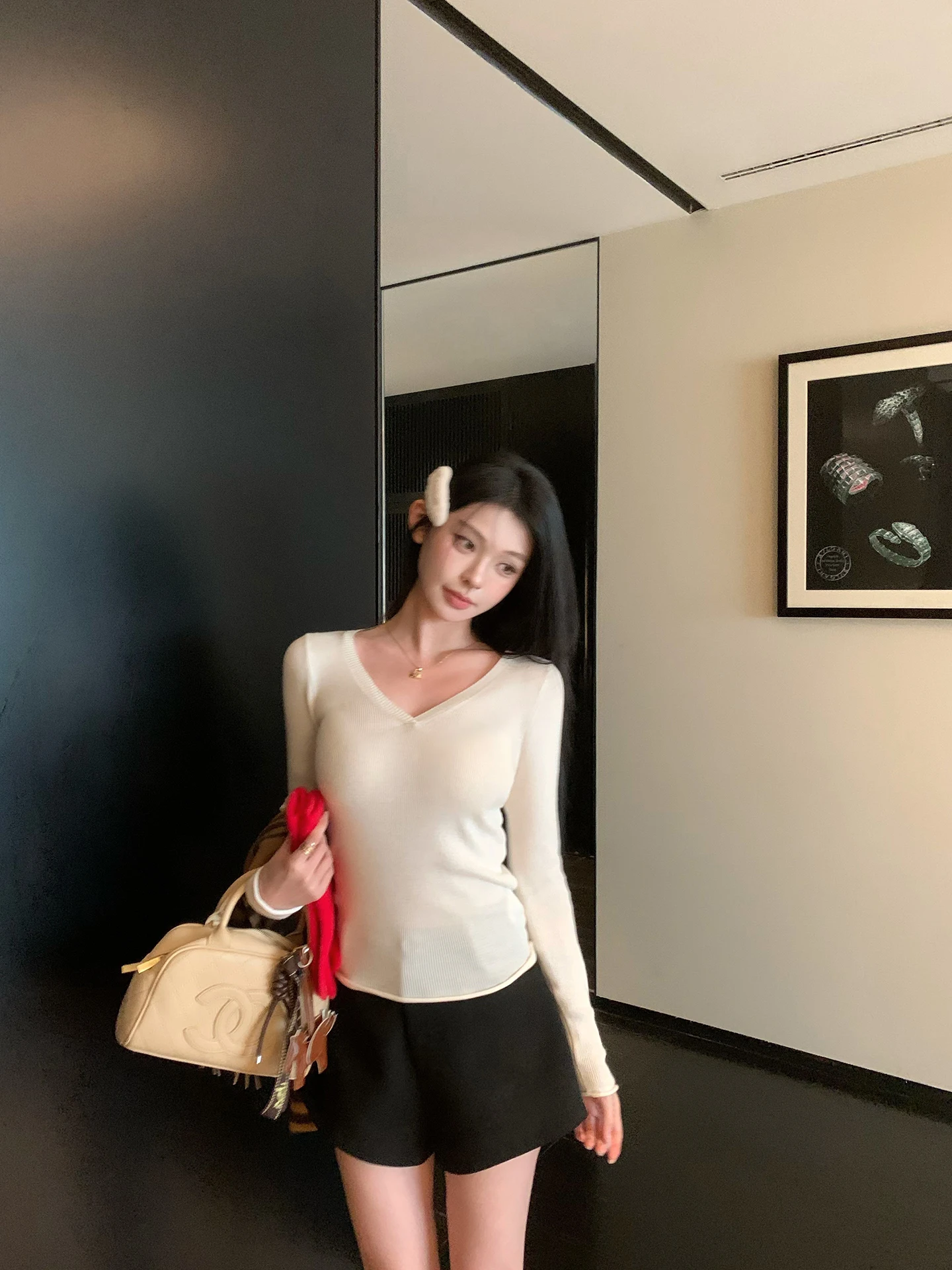 

Женская базовая трикотажная футболка Pure Desire с V-образным вырезом, мягкая повседневная модель с длинным рукавом, модный базовый слой