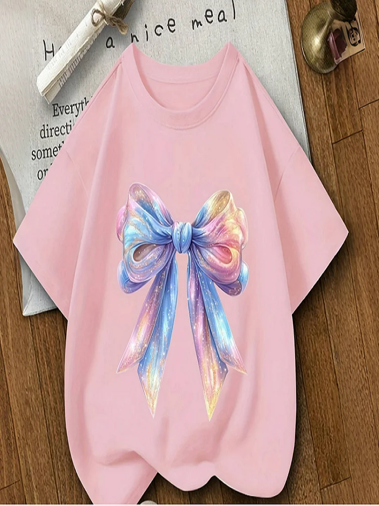 Boys Girls Glitter Rainbow Gradient Bow Print T‑Shirt Short Sleeve O‑Neck Casual Loose Kids Cute Fashion Daily Tees Tops