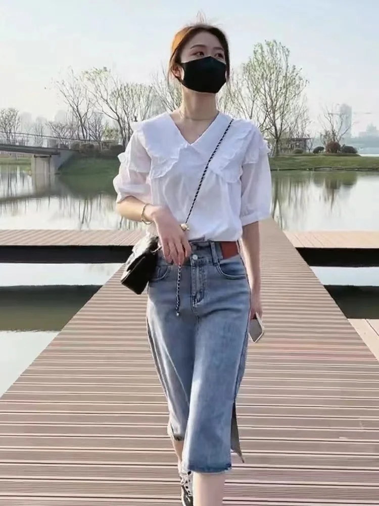 

Pure Cotton Loose ort Sve Doll Collar White irt for Women Summer New Sle Vintage Design Breathable Casual irt