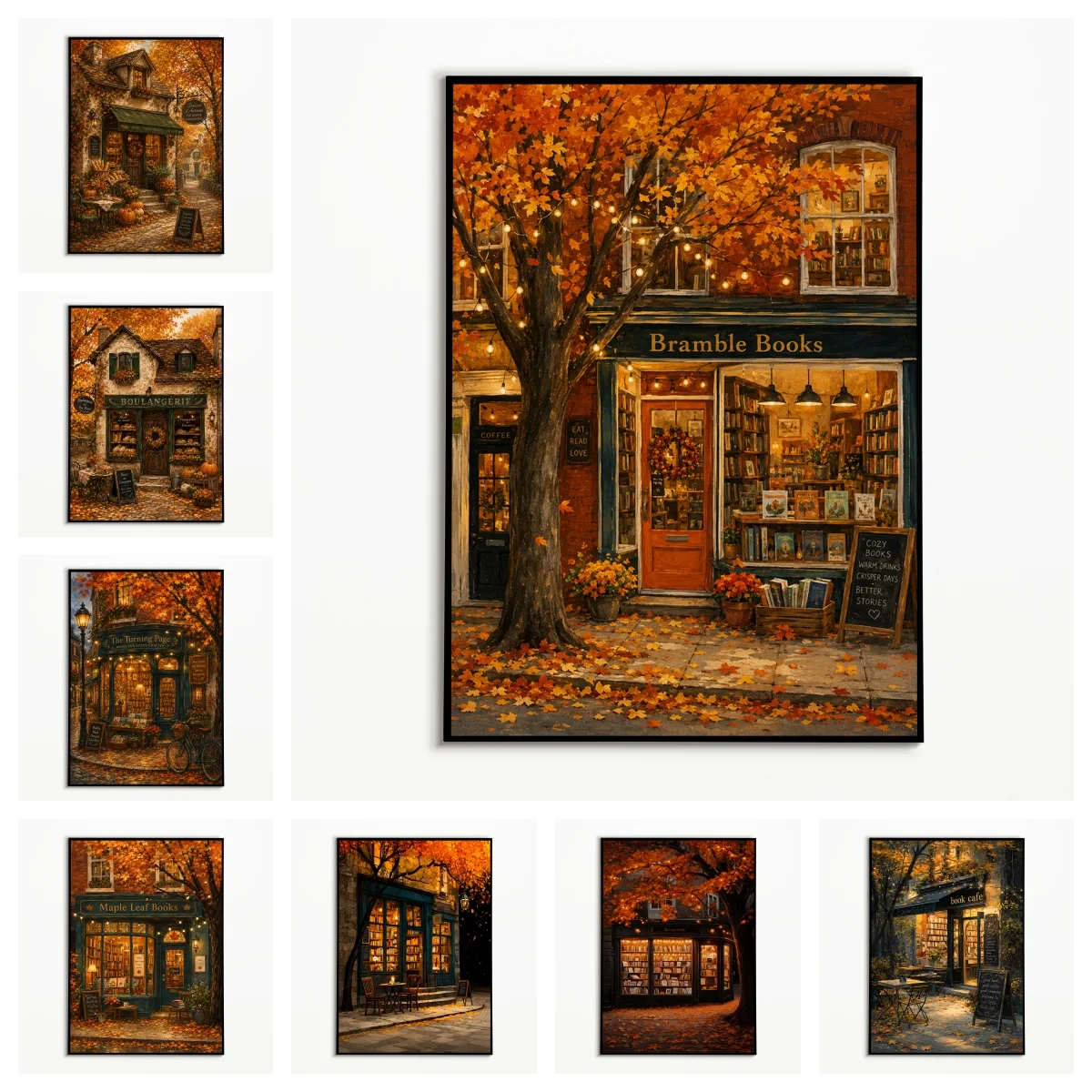 1PC Autumn Street Corner Bookstore Shop Poster Retro Town Street Scene Wall Art Thanksgiving Day Canvas Printing Fall Decor G