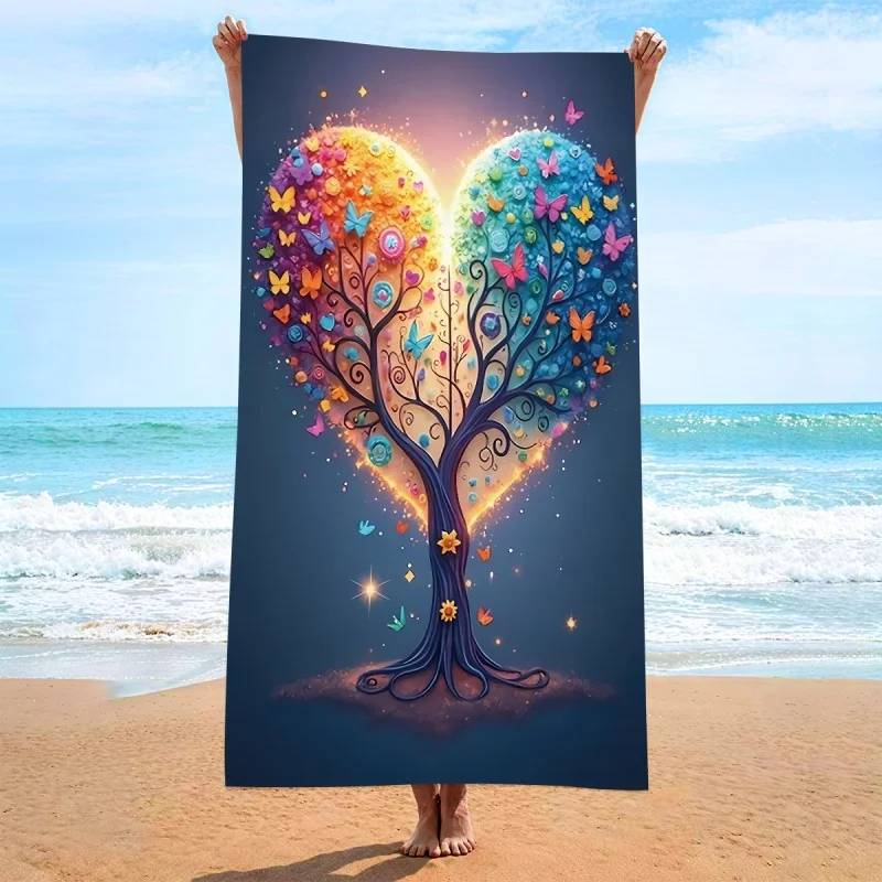 Newest Beach Towel Colorful Heart Tree Butterfly Print Beach Towel Microfiber Absorbent Large Beach Blanket for Women