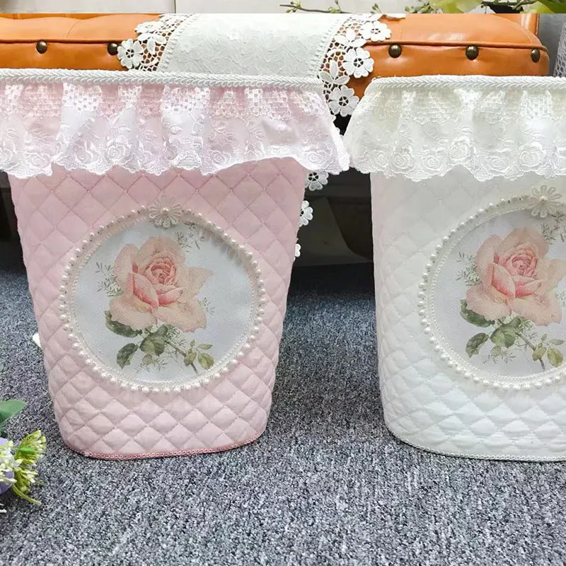 

Home Decoration Office Garbage Storage Bucket French Girl Style Trash Bins Pink White Lace Pearl Print Sundry Storage Baskets