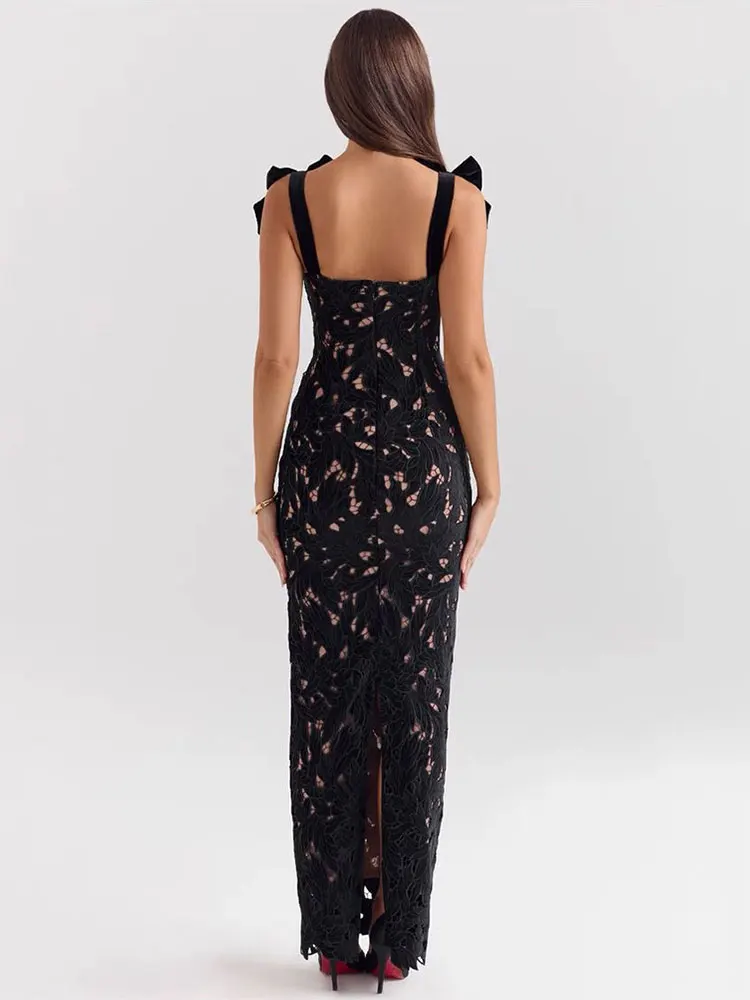 GACVGA Bows Lace Sexy Maxi Dress For Women Fashion Sleeveless Backless Bodycon New Year\'s Birthday Club Party Long Dress