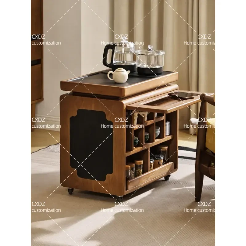 Yunhe Tea Cart Folding Mobile Side Table for Living Room Sofa Balcony Small Apartment Compact Design with Storage Cabinet