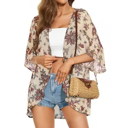 Verano playa gasa cubrir Ups Kimono Cardigan camisa moda transpirable media manga Tops manga corta playa traje de baño para mujer