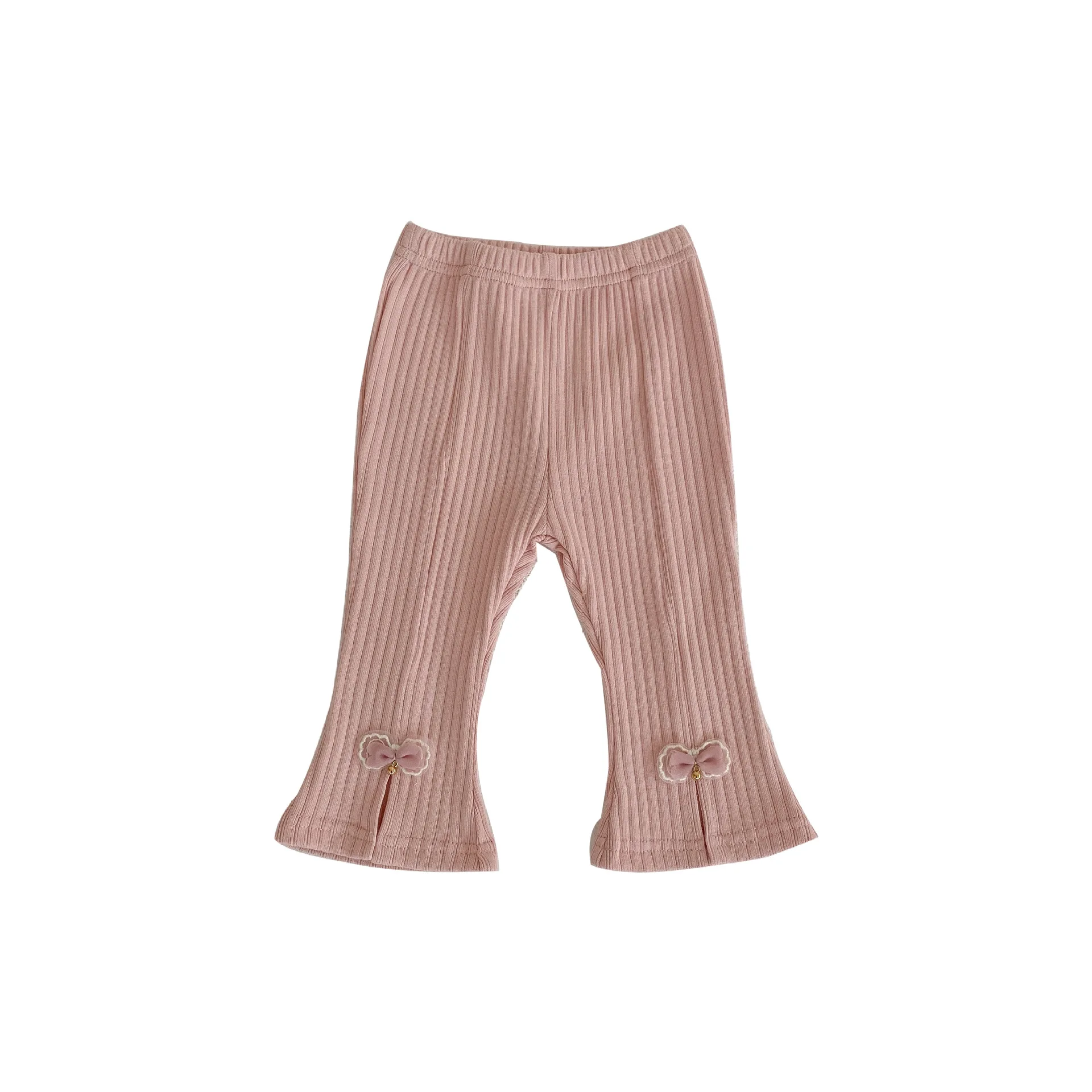 2025 otoño nuevas mallas acanaladas para niñas pantalones infantiles lindos pantalones acampanados con lazo para niñas pantalones elásticos para niños pantalones casuales para niños
